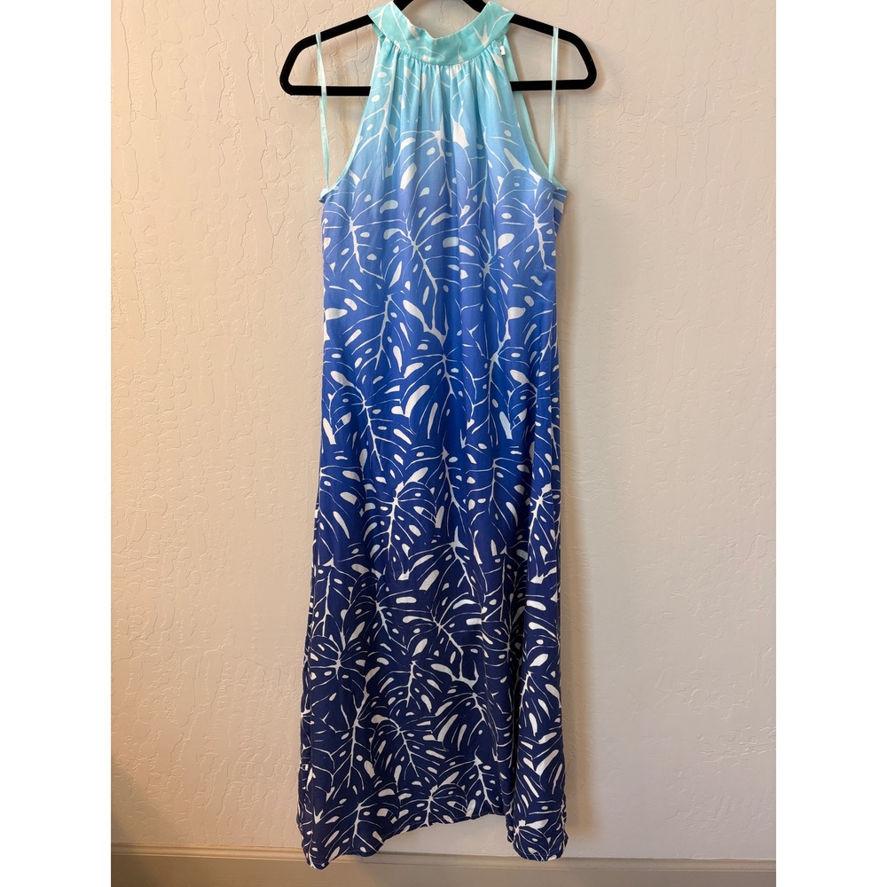 Vineyard Vines Monstera Silk Blend Maxi Dress Halter Neck Sleeveless Blue Sz‎ 4